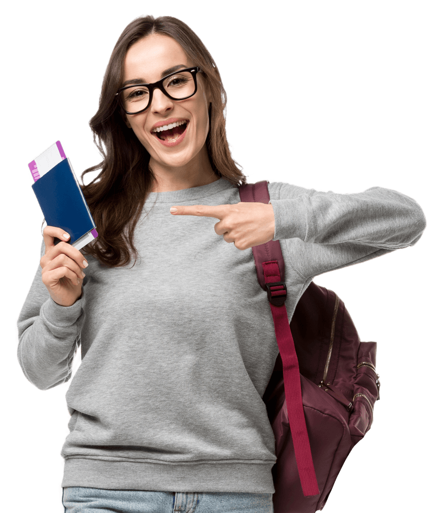 A female student holding a bag and pointing to her passport